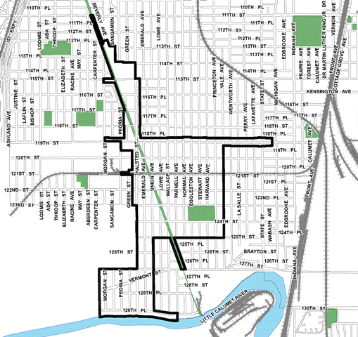 119th/Halsted TIF district, roughly bounded on the north by 111th Street, 123rd Street on the south, Wentworth Avenue on the east, and Aberdeen Street on the west.